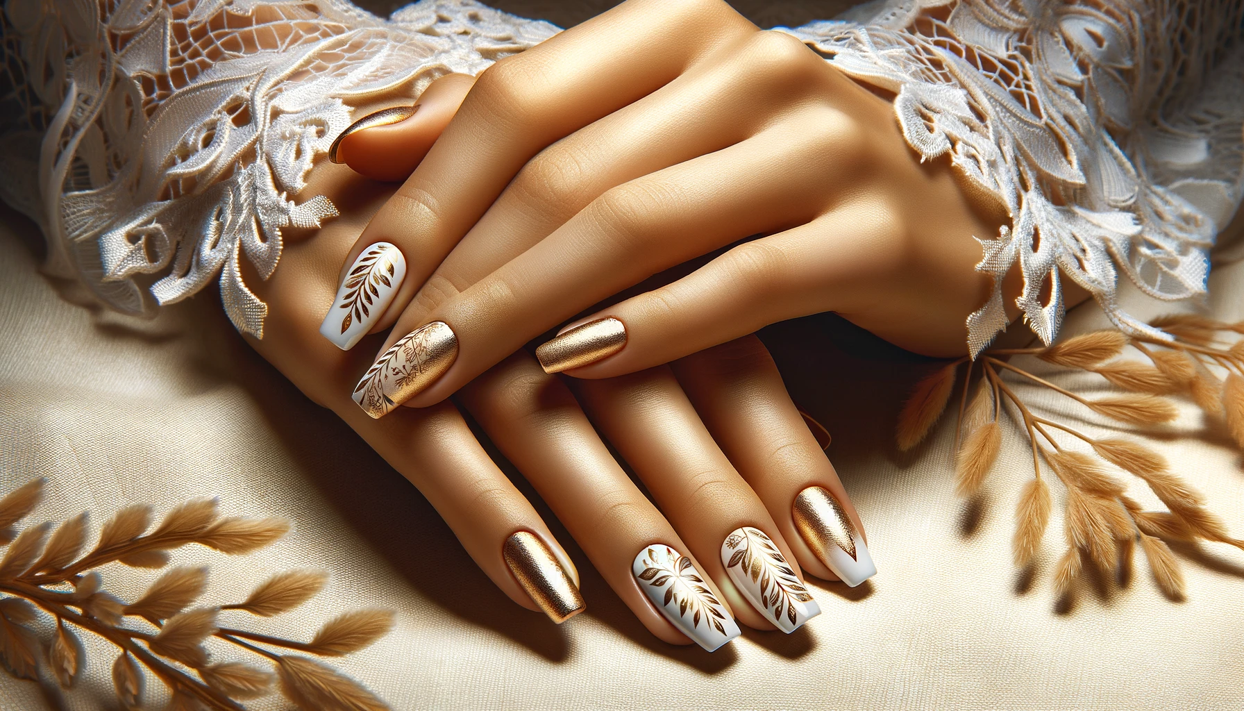 unghie bianche decorate con motivi color oro